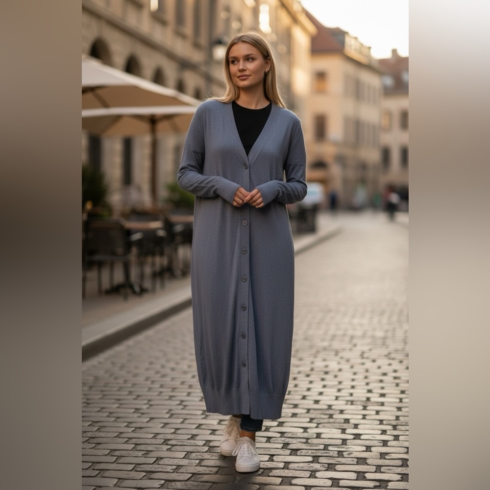 COS Blue Long Button-Front Wool and Silk Blend Knit Cardigan US S